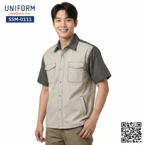 SSM-0111 เสื้อช็อปช่างแขนสั้น ทูโทน สีครีมเทา