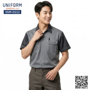 SSM-0112 เสื้อช็อปช่างแขนสั้น สีเทาดำ ทูโทน มืออาชีพ