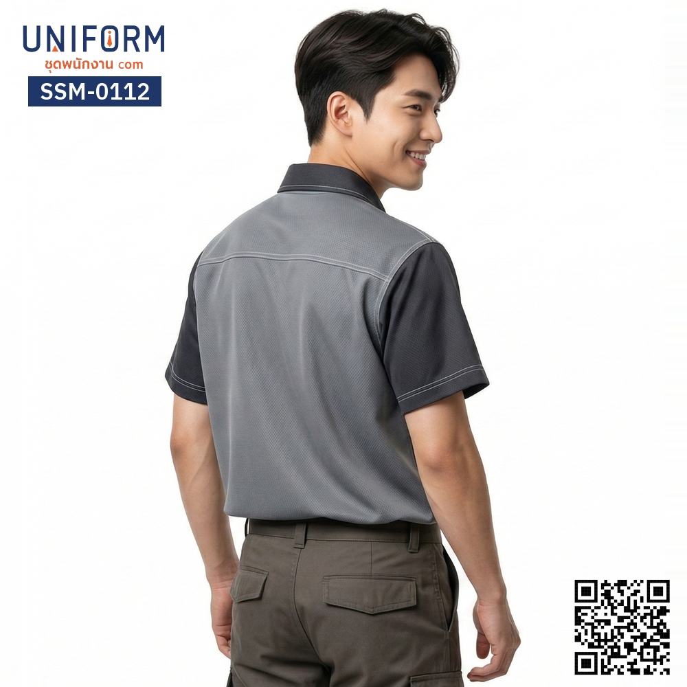 SSM-0112 เสื้อช็อปช่างแขนสั้น สีเทาดำ ทูโทน มืออาชีพ