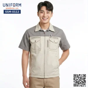 SSM-0113 เสื้อช็อปช่างแขนสั้น ทูโทนสีเทากากี
