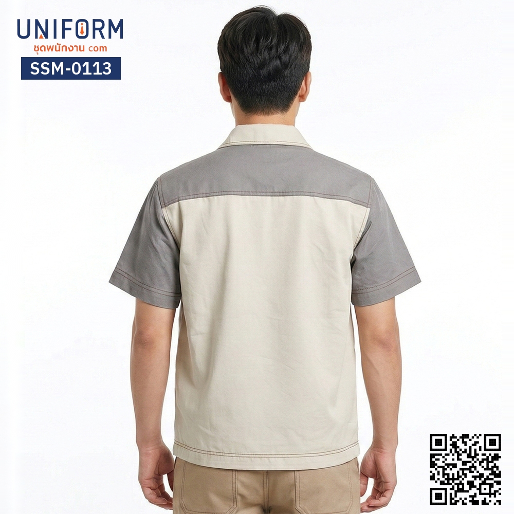 SSM-0113 เสื้อช็อปช่างแขนสั้น ทูโทนสีเทากากี