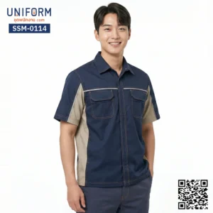 SSM-0114 เสื้อช็อปช่างแขนสั้น ทูโทน กรมท่าตัดกากี สไตล์วิศวะ
