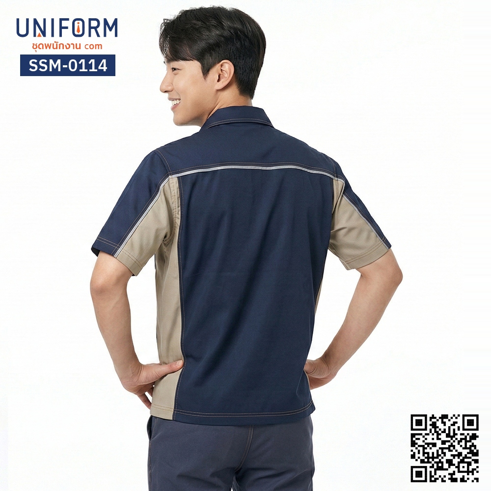 SSM-0114 เสื้อช็อปช่างแขนสั้น ทูโทน กรมท่าตัดกากี สไตล์วิศวะ