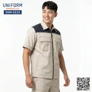 SSM-0115 เสื้อช็อปช่างแขนสั้น สีเบจตัดต่อกรมท่า ซิปหน้า