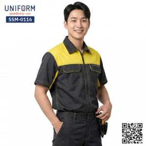 SSM-0116 เสื้อช็อปช่างแขนสั้น ทูโทน สีเทาดำคาดเหลือง