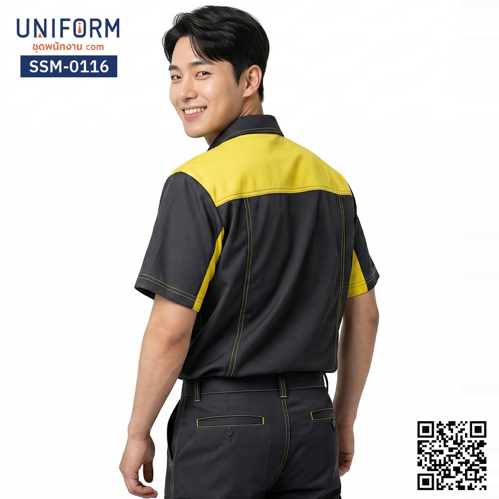 SSM-0116 เสื้อช็อปช่างแขนสั้น ทูโทน สีเทาดำคาดเหลือง