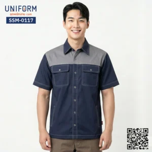 SSM-0117 เสื้อช็อปช่างแขนสั้น ทูโทน กรมท่า เทา พร้อมปักโลโก้