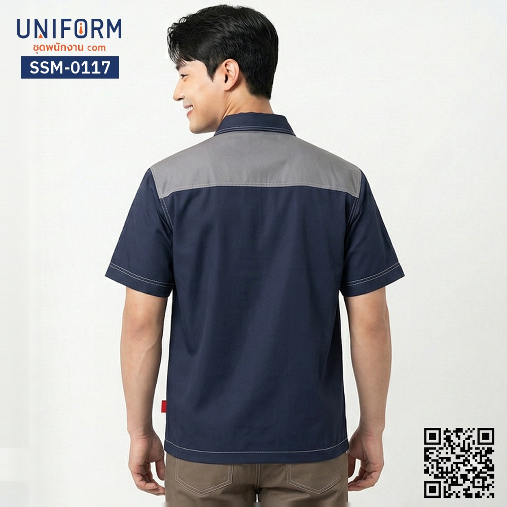 SSM-0117 เสื้อช็อปช่างแขนสั้น ทูโทน กรมท่า เทา พร้อมปั⁠ก⁠โ⁠ล⁠โ⁠ก้