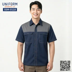 SSM-0118 เสื้อช็อปช่างแขนสั้น ทูโทน กรมท่าและเทา พร้อมปักโลโก้