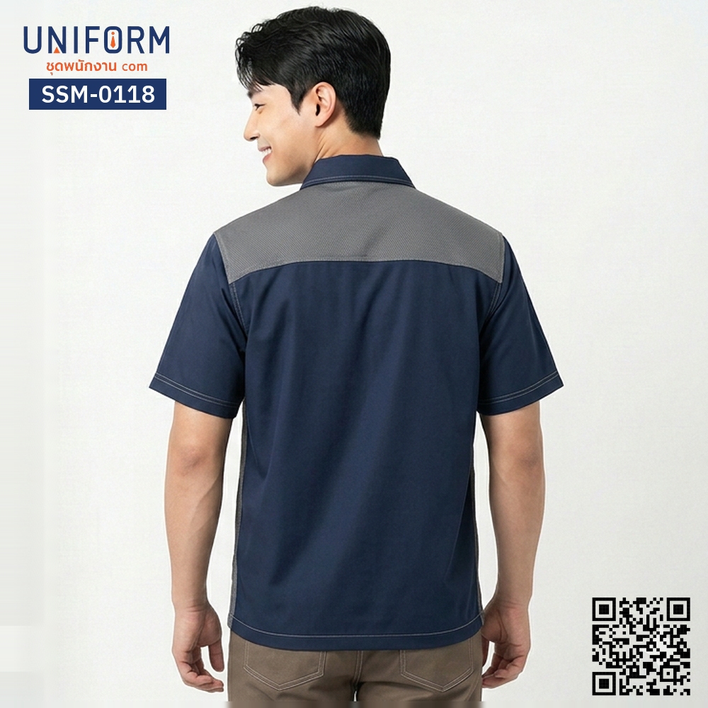 SSM-0118 เสื้อช็อปช่างแขนสั้น ทูโทน กรมท่าและเทา พร้อมปั⁠ก⁠โ⁠ล⁠โ⁠ก้