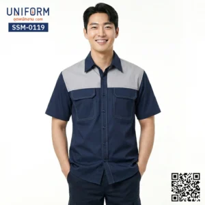 SSM-0119 เสื้อช็อปช่างแขนสั้น ทูโทน กรมท่าตัดเทา