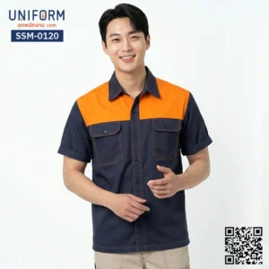 SSM-0120 เสื้อช็อปช่างแขนสั้น ทูโทน กรมท่าส้ม