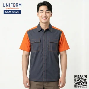 SSM-0123 เสื้อช็อปช่างแขนสั้น ทูโทน สีเทาส้ม