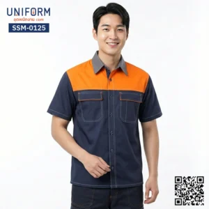 SSM-0125 เสื้อช็อปช่างแขนสั้น ทูโทน กรมท่าส้ม ปกเทา