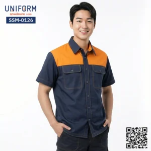 SSM-0126 เสื้อช็อปช่างแขนสั้น สีกรมท่าต่อส้ม ทูโทน