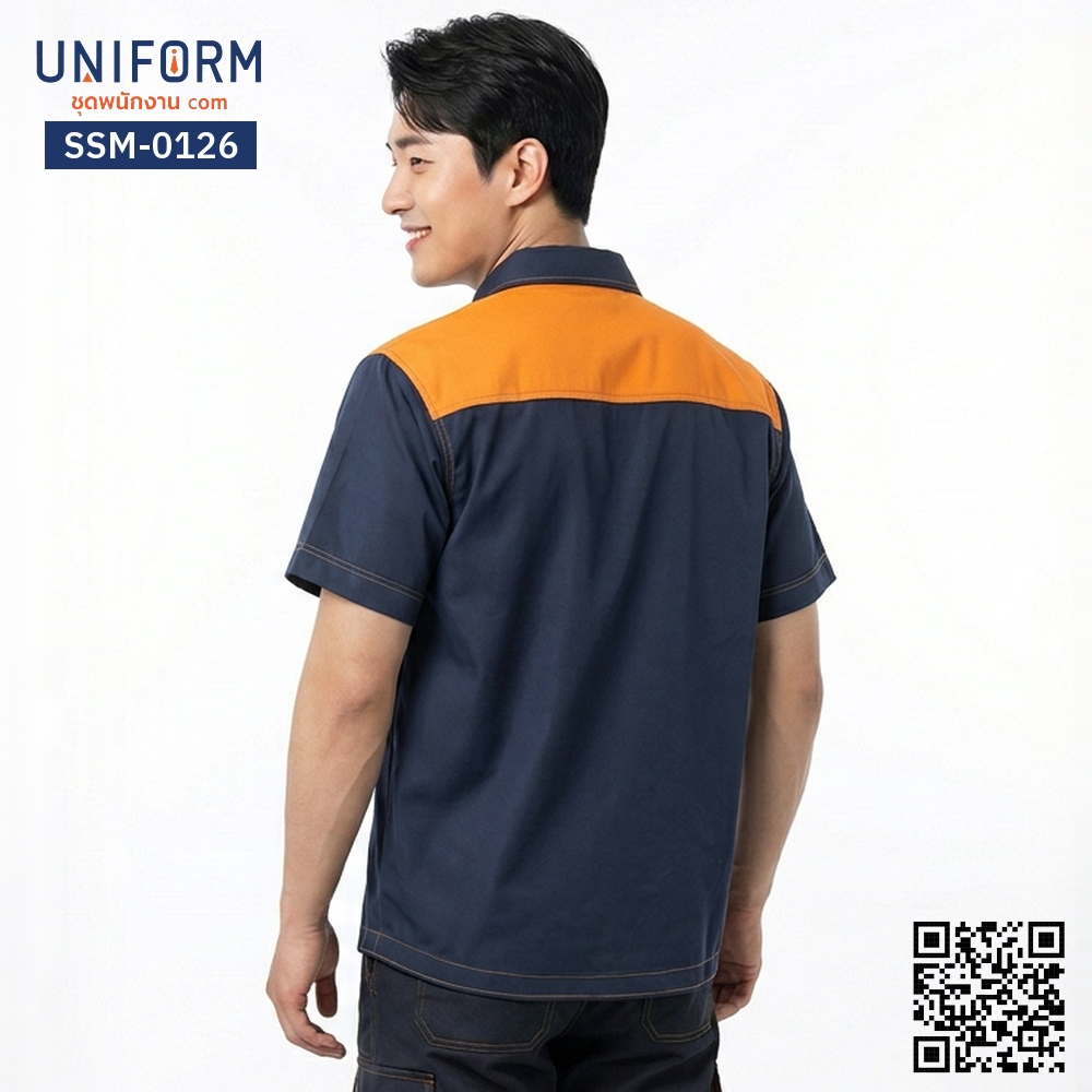 SSM-0126 Short-Sleeve Technician Work Shirt, Navy Blue with Orange Two-Tone