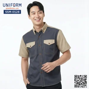 SSM-0128 เสื้อช็อปช่างแขนสั้น ทูโทน สีเทากรมท่าตัดกากี