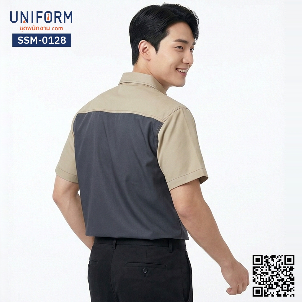 SSM-0128 เสื้อช็อปช่างแขนสั้น ทูโทน สีเทากรมท่าตัดกากี