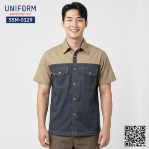 SSM-0129 เสื้อช็อปช่างแขนสั้น ทูโทน กากี กรมท่า ยูนิฟอร์มบริษัท