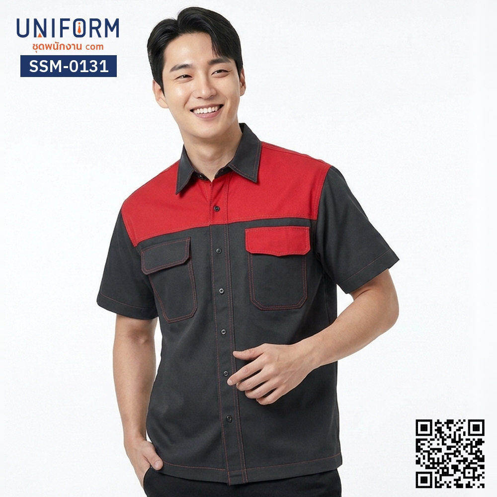 SSM-0131 Short-Sleeve Two-Tone Grey and Red Technician Shirt with Cool Design