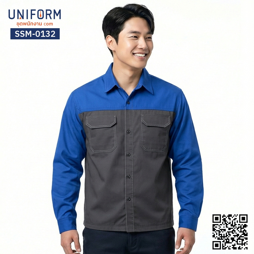 SSM-0132 เสื้อช็อปช่างแขนสั้น ทูโทน สีน้ำเงินและสีเทา