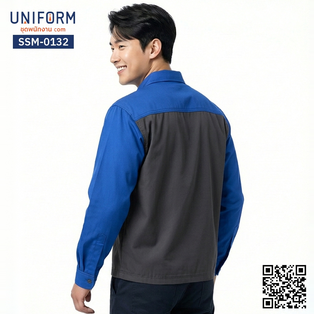 SSM-0132 เสื้อช็อปช่างแขนสั้น ทูโทน สีน้ำเงินและสีเทา