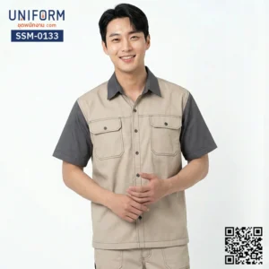 SSM-0133 เสื้อช็อปช่างแขนสั้น สีน้ำตาลกากีแต่งเทา