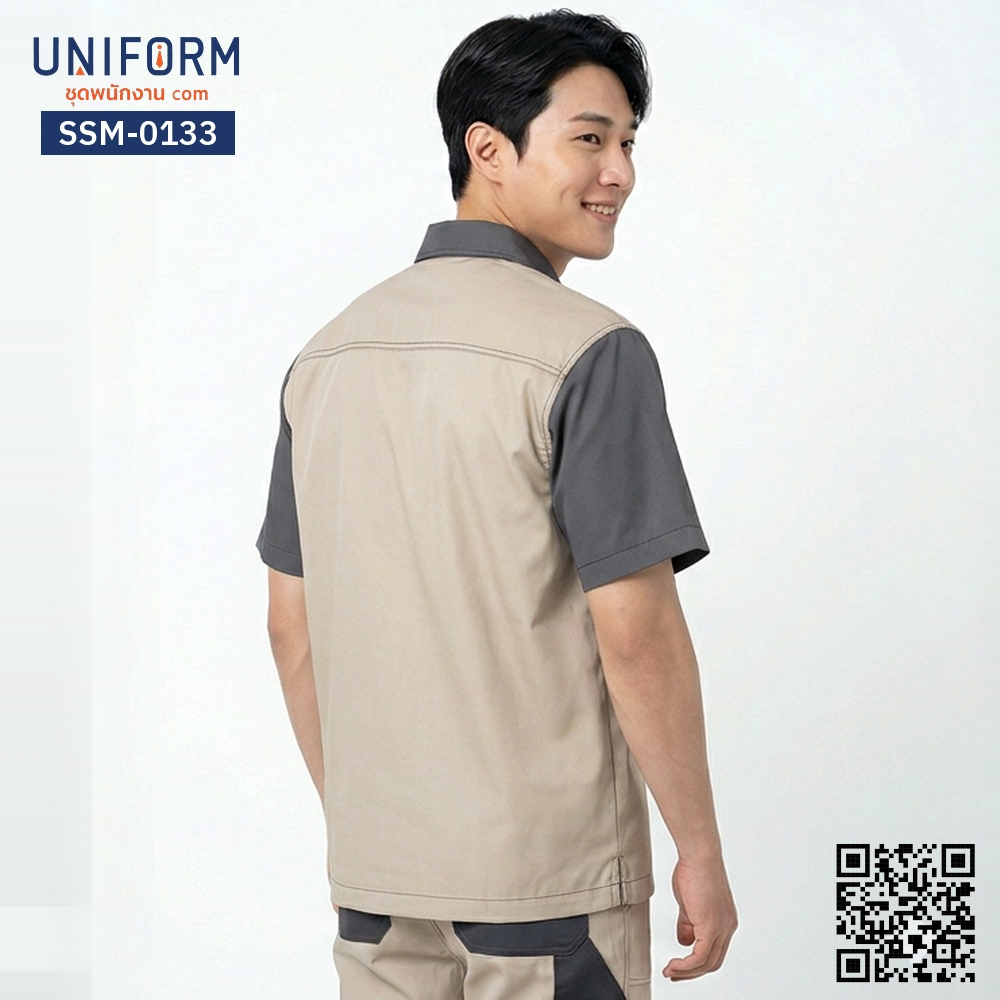 SSM-0133 เสื้อช็อปช่างแขนสั้น สีน้ำตาลกากีแต่งเทา