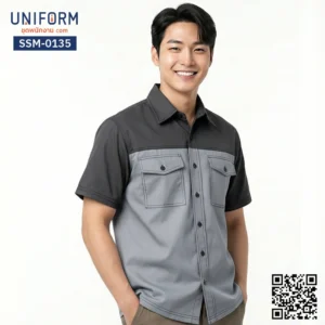 SSM-0135 เสื้อช็อปช่างแขนสั้น ทูโทนสีเทาดำสไตล์มืออาชีพ