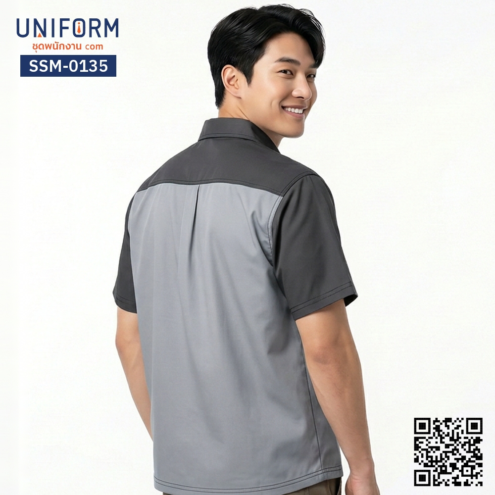 SSM-0135 เสื้อช็อปช่างแขนสั้น ทูโทนสีเทาดำสไตล์มืออาชีพ