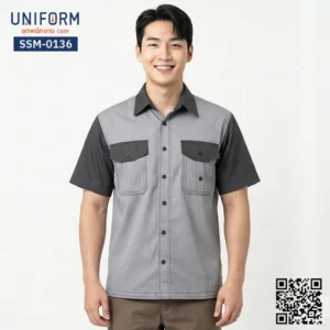 SSM-0136 เสื้อช็อปช่างแขนสั้น ทูโทน สีเทาเข้มและเทาอ่อน มืออาชีพ
