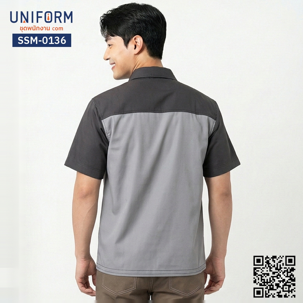 SSM-0136 เสื้อช็อปช่างแขนสั้น ทูโทน สีเทาเข้มและเทาอ่อน มืออาชีพ