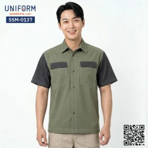 SSM-0137 เสื้อช็อปช่างแขนสั้น สีเขียวทูโทนแขนเทา