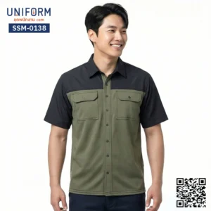 SSM-0138 เสื้อช็อปช่างแขนสั้น ทูโทน สีเขียวและดำ สไตล์วิศวะ
