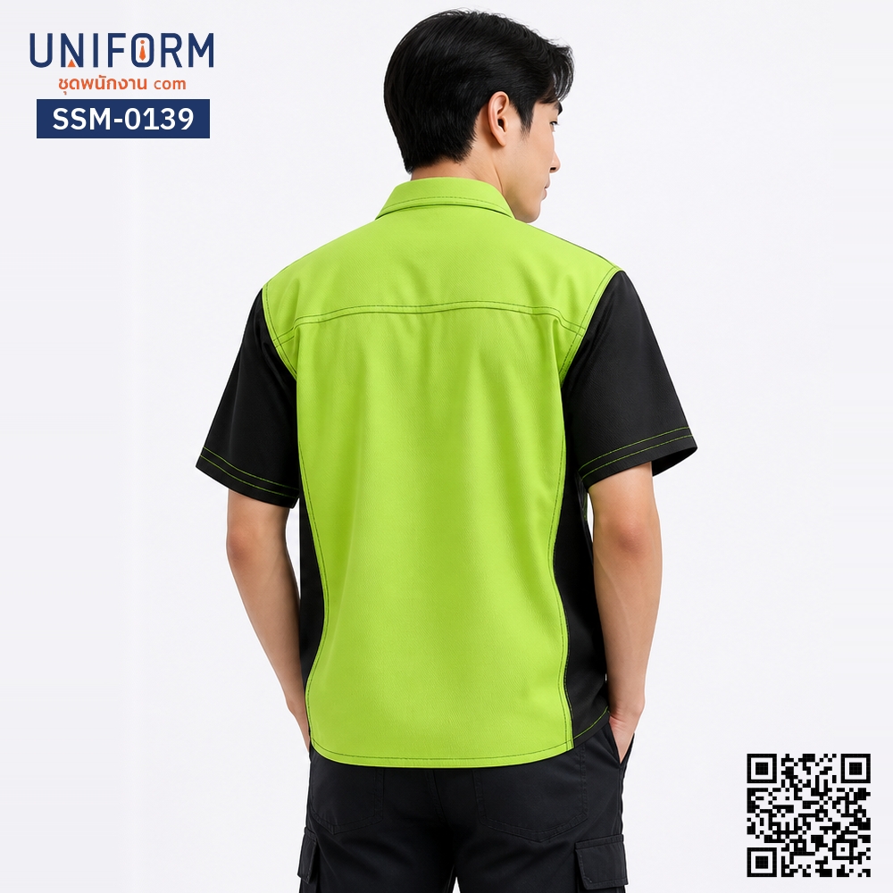 SSM-0139 เสื้อช็อปช่างแขนสั้น สีเขียวตองทูโทนแขนดำ