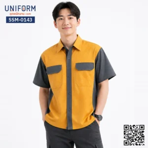 SSM-0143 เสื้อช็อปช่างแขนสั้น สีเหลืองเทาทูโทน