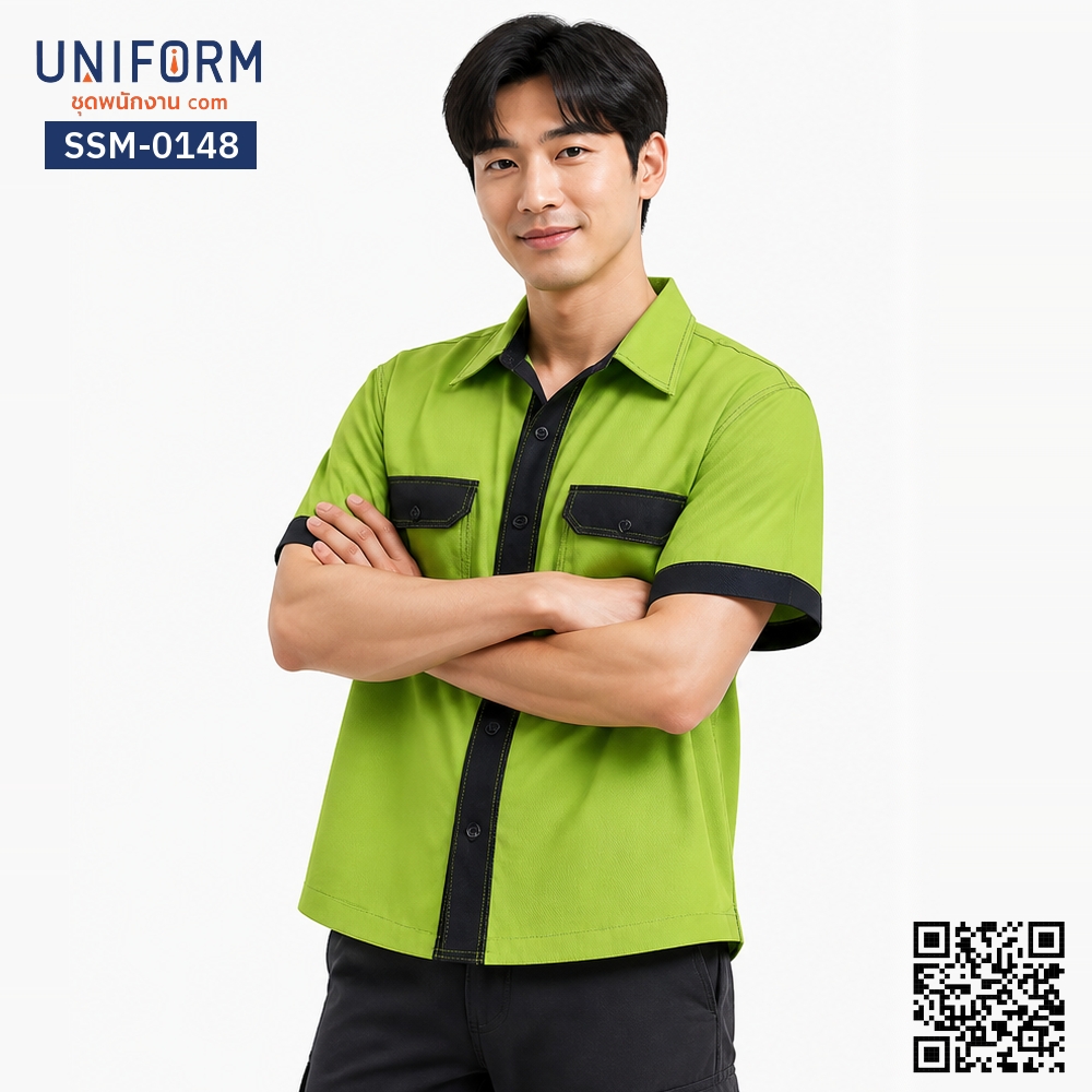 SSM-0148 เสื้อช็อปช่างแขนสั้น สีเขียวแต่งดำ
