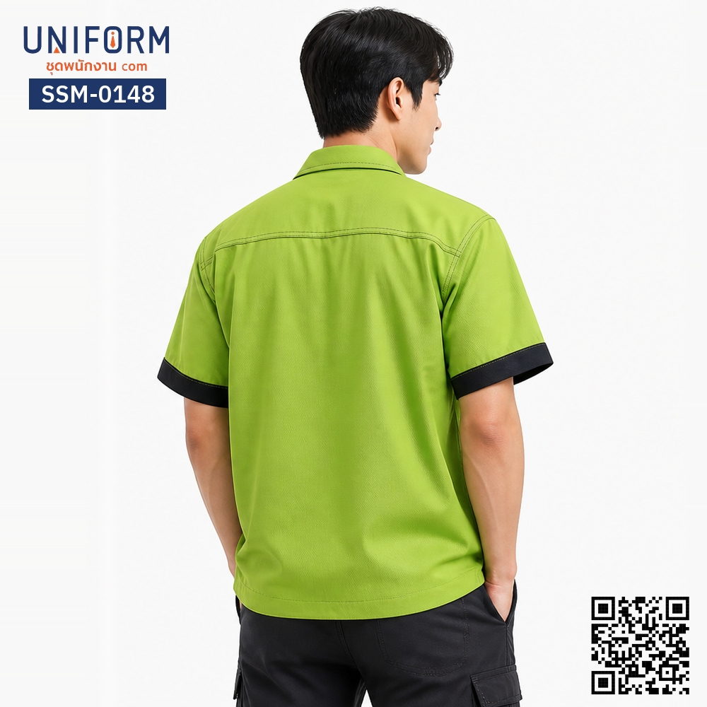 SSM-0148 เสื้อช็อปช่างแขนสั้น สีเขียวแต่งดำ