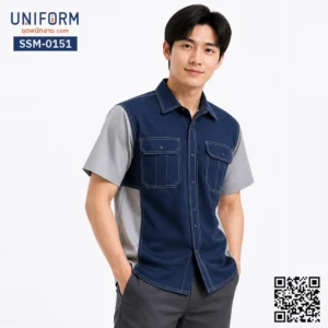 SSM-0151 เสื้อช็อปช่างแขนสั้น ทูโทน กรมท่า เทา