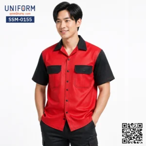 SSM-0155 เสื้อช็อปช่างแขนสั้น ทูโทน สีแดงดำ สำหรับชุดพนักงาน