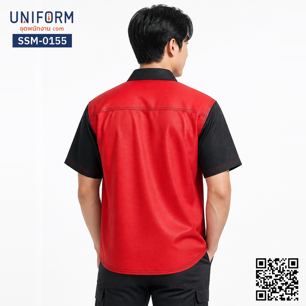SSM-0155 เสื้อช็อปช่างแขนสั้น ทูโทน สีแดงดำ สำหรับชุดพนักงาน