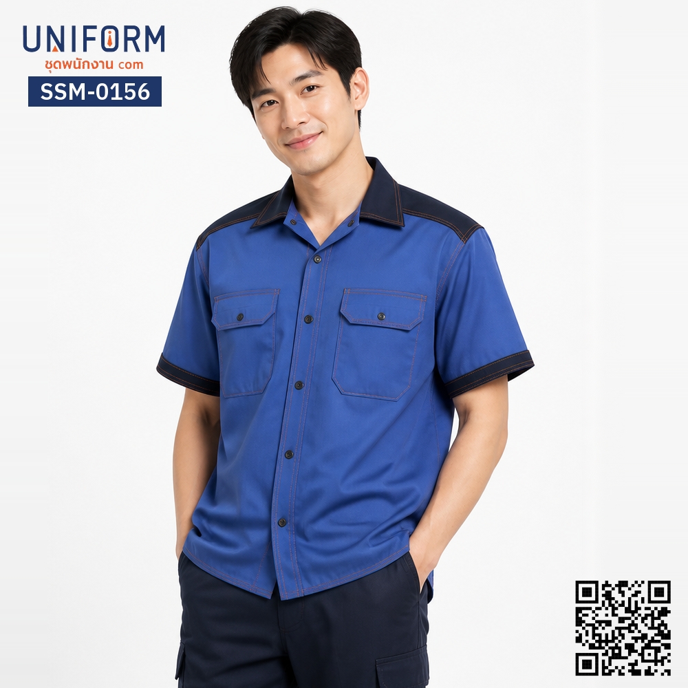 SSM-0156 เสื้อช็อปช่างแขนสั้น สีน้ำเงินทูโทนปกกรมท่า