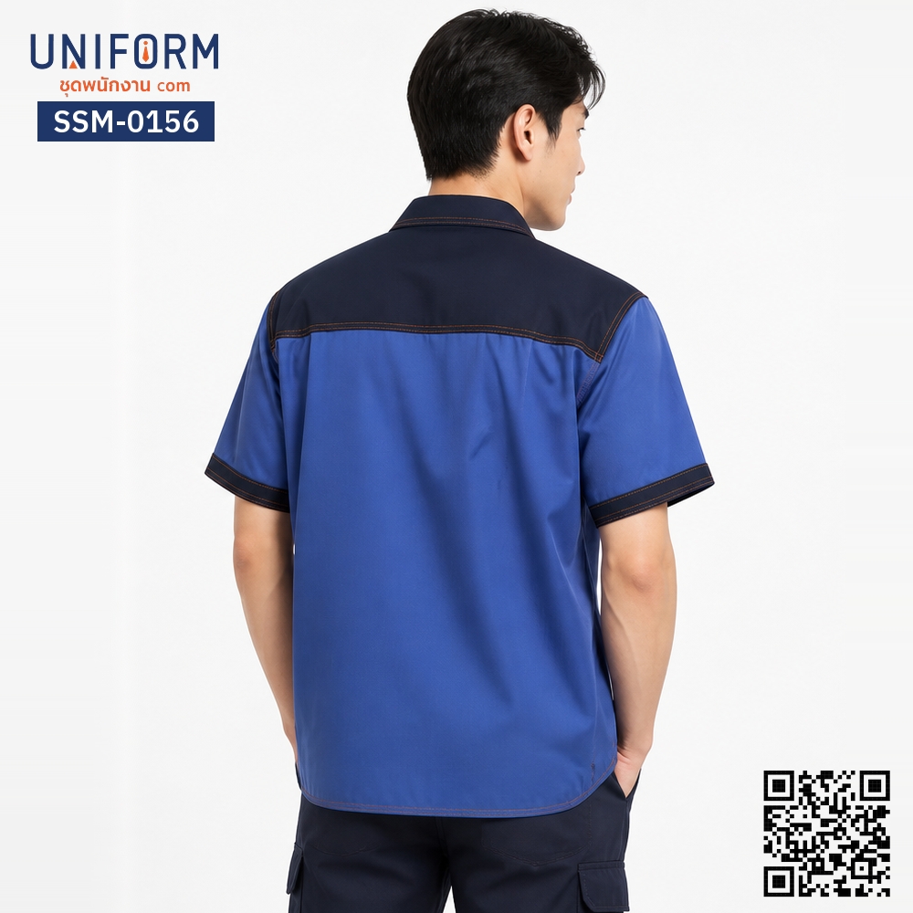 SSM-0156 เสื้อช็อปช่างแขนสั้น สีน้ำเงินทูโทนปกกรมท่า