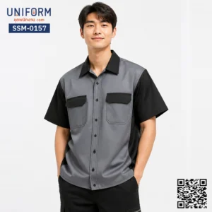 SSM-0157 เสื้อช็อปช่างแขนสั้น ทูโทน เทา ดำ