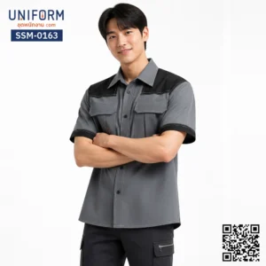 SSM-0163 เสื้อช็อปช่างแขนสั้น สีเทาดำทูโทน