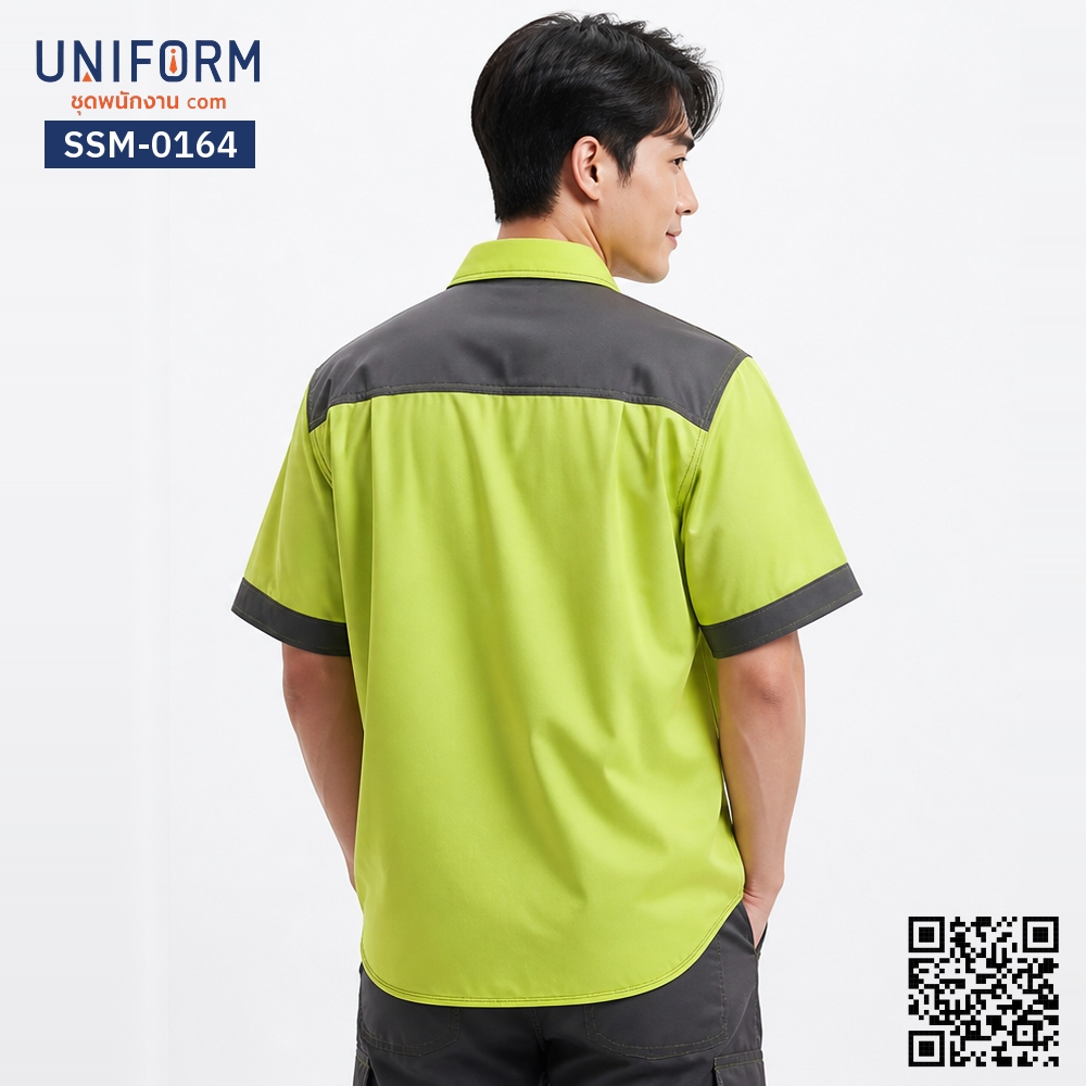 SSM-0164 เสื้อช็อปช่างแขนสั้น สีเขียวตองต่อเทา ทูโทน