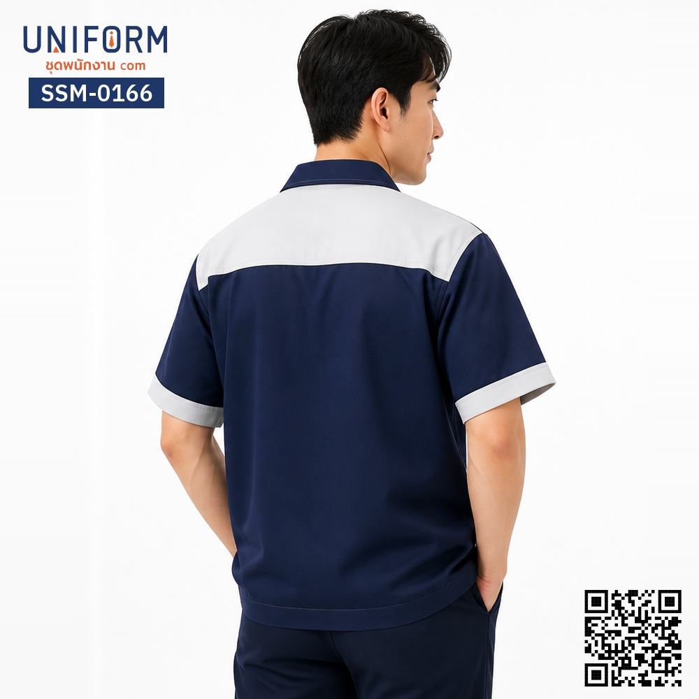 SSM-0166 เสื้อช็อปช่างแขนสั้น ทูโทน สีน้ำเงินตัดเทา