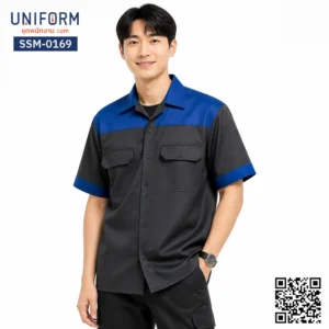 SSM-0169 เสื้อช็อปช่างแขนสั้น ทูโทน สีเทาดำตัดน้ำเงิน