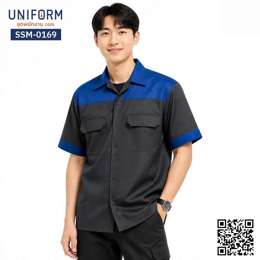 SSM-0169 เสื้อช็อปช่างแขนสั้น ทูโทน สีเทาดำตัดน้ำเงิน
