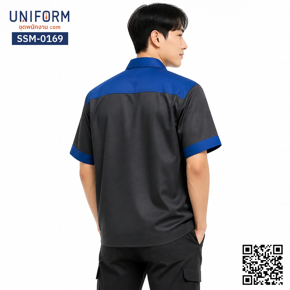 SSM-0169 เสื้อช็อปช่างแขนสั้น ทูโทน สีเทาดำตัดน้ำเงิน
